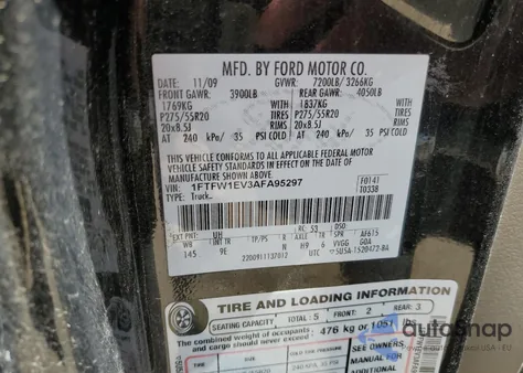 2010 Ford F150 Supercrew из США, поврежденный, VIN 1FTFW1EV3AFA95297